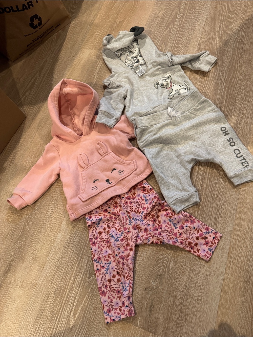 Baby Girl Pink Hoodie & Floral Pants Set with Gray Puppy Romper